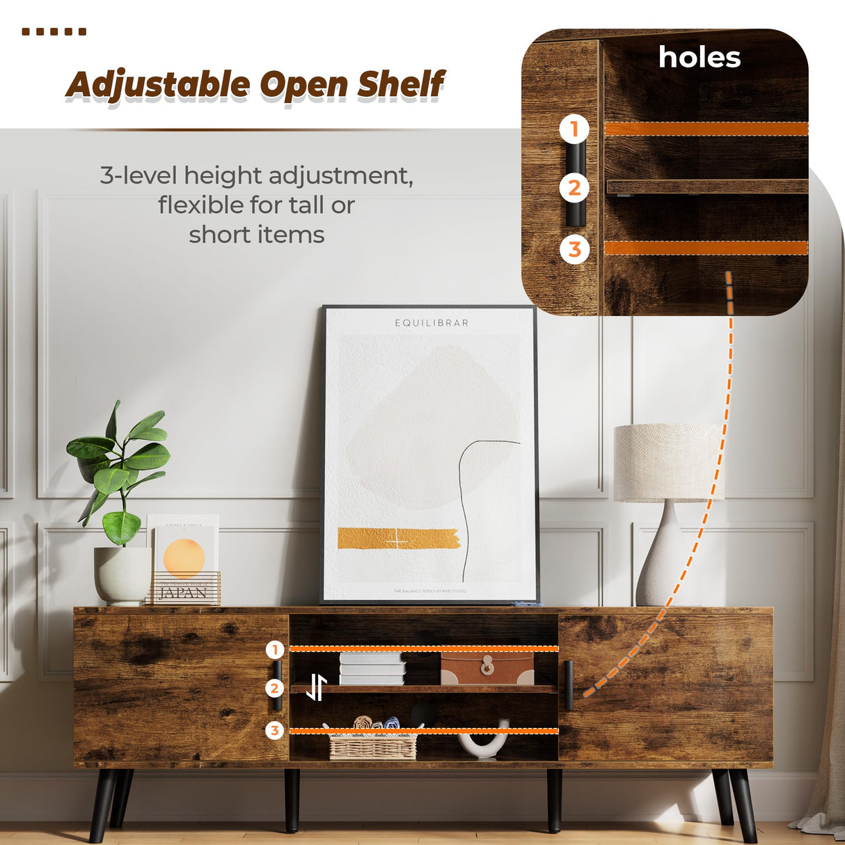 SUPERJARE TV Stand for 55 Inch TV, Entertainment Center with Adjustable Shelf, 2 Cabinets, TV Console Table, Media Console, Solid Wood Feet, Cord Holes, for Living Room, Bedroom, Rustic Brown SUPERJARE