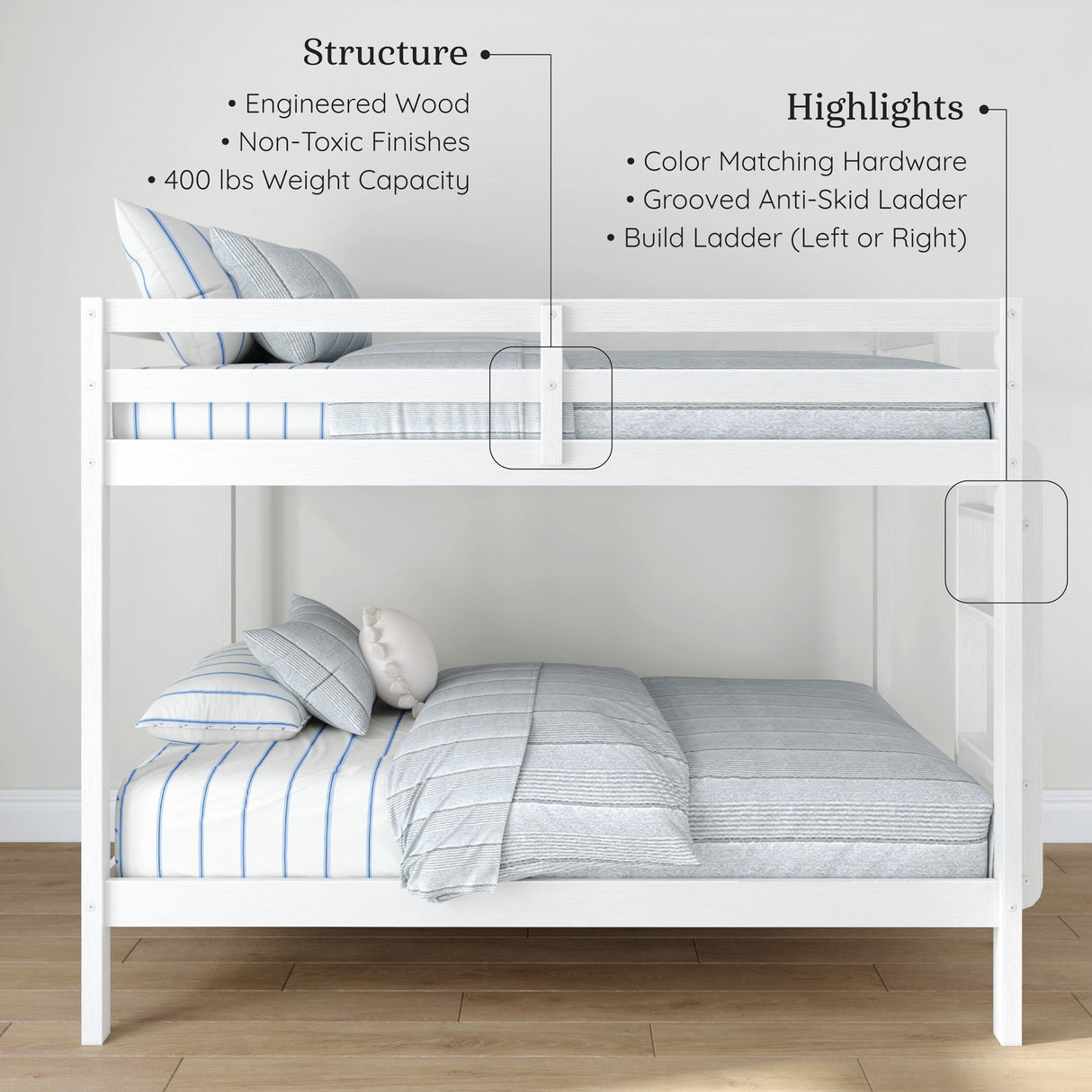 Grain & Grove Bear Twin Over Twin Bunk Bed, Sturdy Bunk Bed Frame for Kids, Plywood Bunk with Ladder, Guardrail, and Slats, No Box Spring Required, Brushed White Grain & Grove