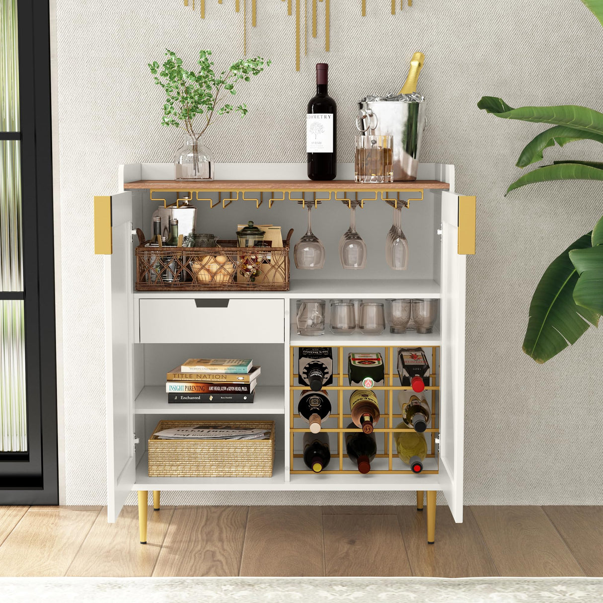 ARTPOWER Wine Bar Cabinet with Fluted Texture, Modern Coffee Cabinet with Wine Rack&Glass Holder, White Kitchen Buffet Sideboard, Freestanding Liquor Cabinet for Dining Room Living Room ARTPOWER