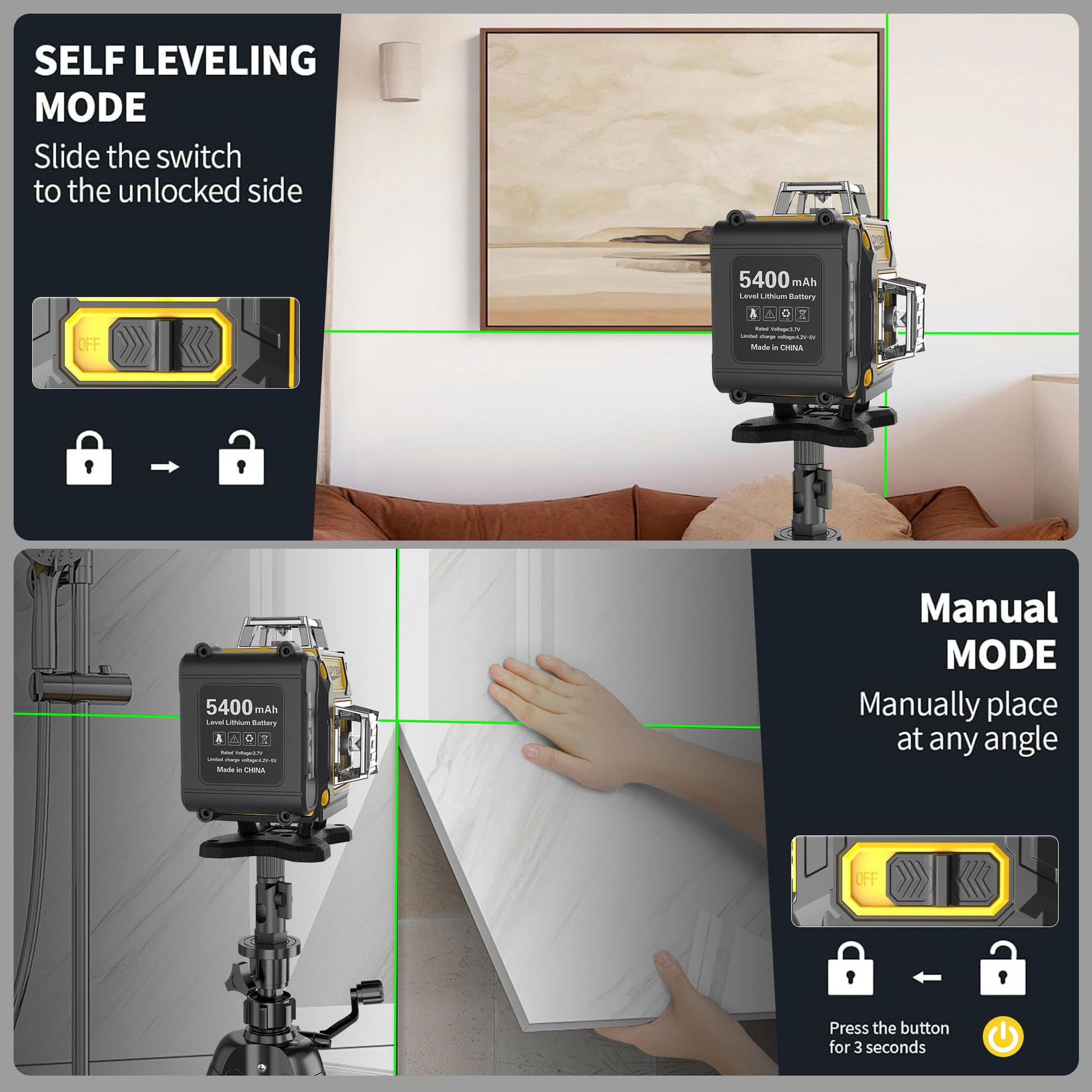 Laser Level 360 Self Leveling with Tripod, 200ft/60m working distance with vertical and horizontal lines, self-leveling mode&IP54 waterproof set - WoodArtSupply