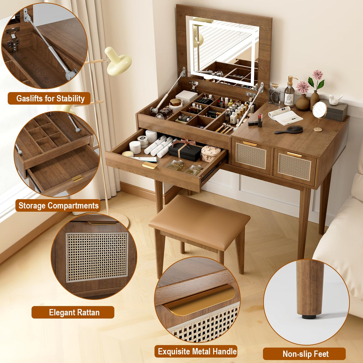 EDWINENE Vanity Desk with Lighted Mirror, Makeup Vanity with Flip-Top Mirror, Vanity Dressing Table Set with Stool, 3 LED Modes Light and 3 Drawers for Bedroom (Brown) EDWINENE