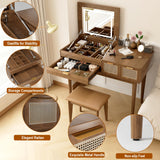 EDWINENE Vanity Desk with Lighted Mirror, Makeup Vanity with Flip-Top Mirror, Vanity Dressing Table Set with Stool, 3 LED Modes Light and 3 Drawers for Bedroom (Brown) EDWINENE