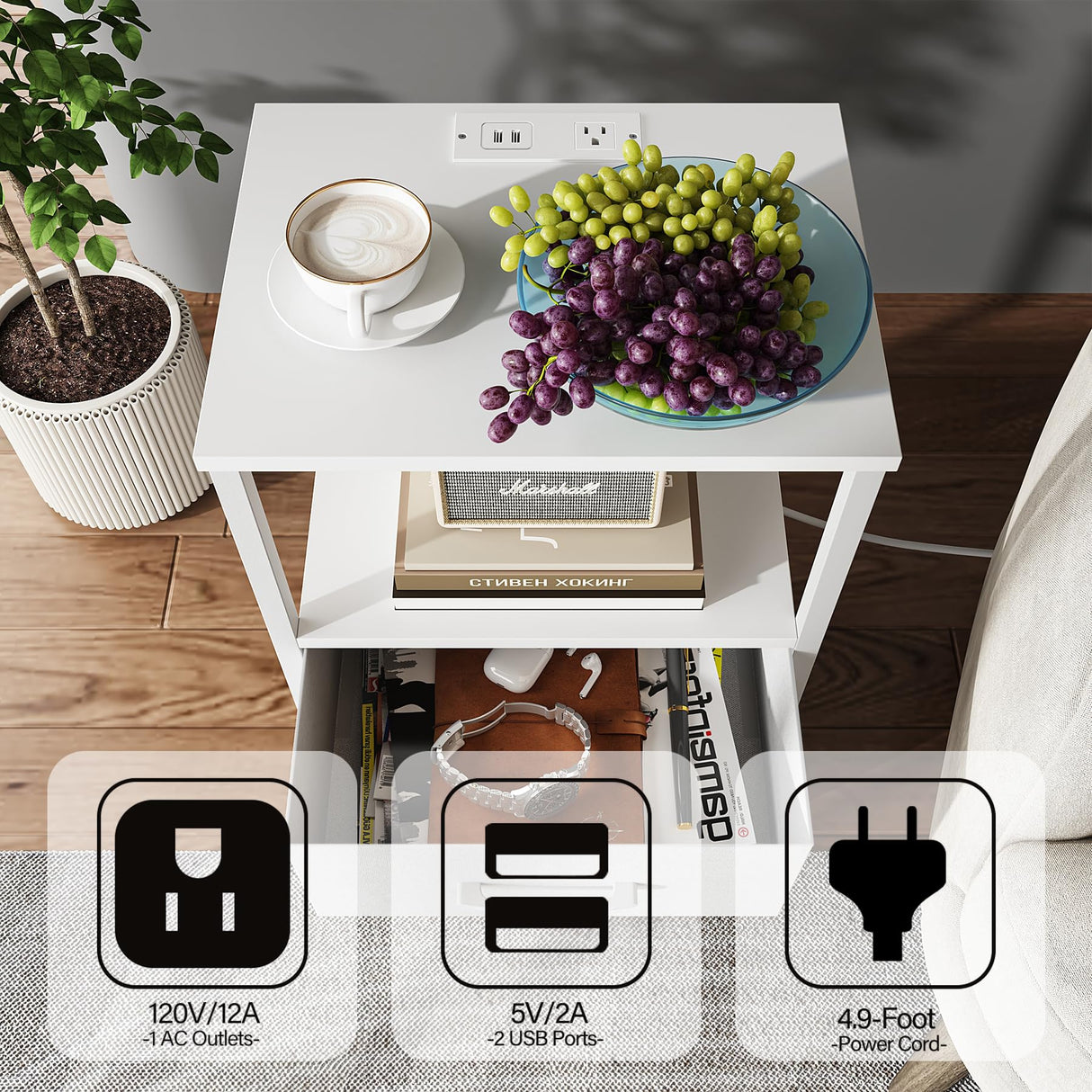 TUTOTAK End Table with Charging Station, Side Table with 2 USB Ports and Outlets, Nightstand with Cloth Drawer, Set of 2, Couch Table, White TB01BW052 TUTOTAK