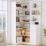 IRONCK Corner Bookshelf and Bookcase with 2 Drawer and 10 Open Shelves, 76.8" Height L Shaped Storage Shelf Corner Combination, for Living Room Home Office, Modern White IRONCK