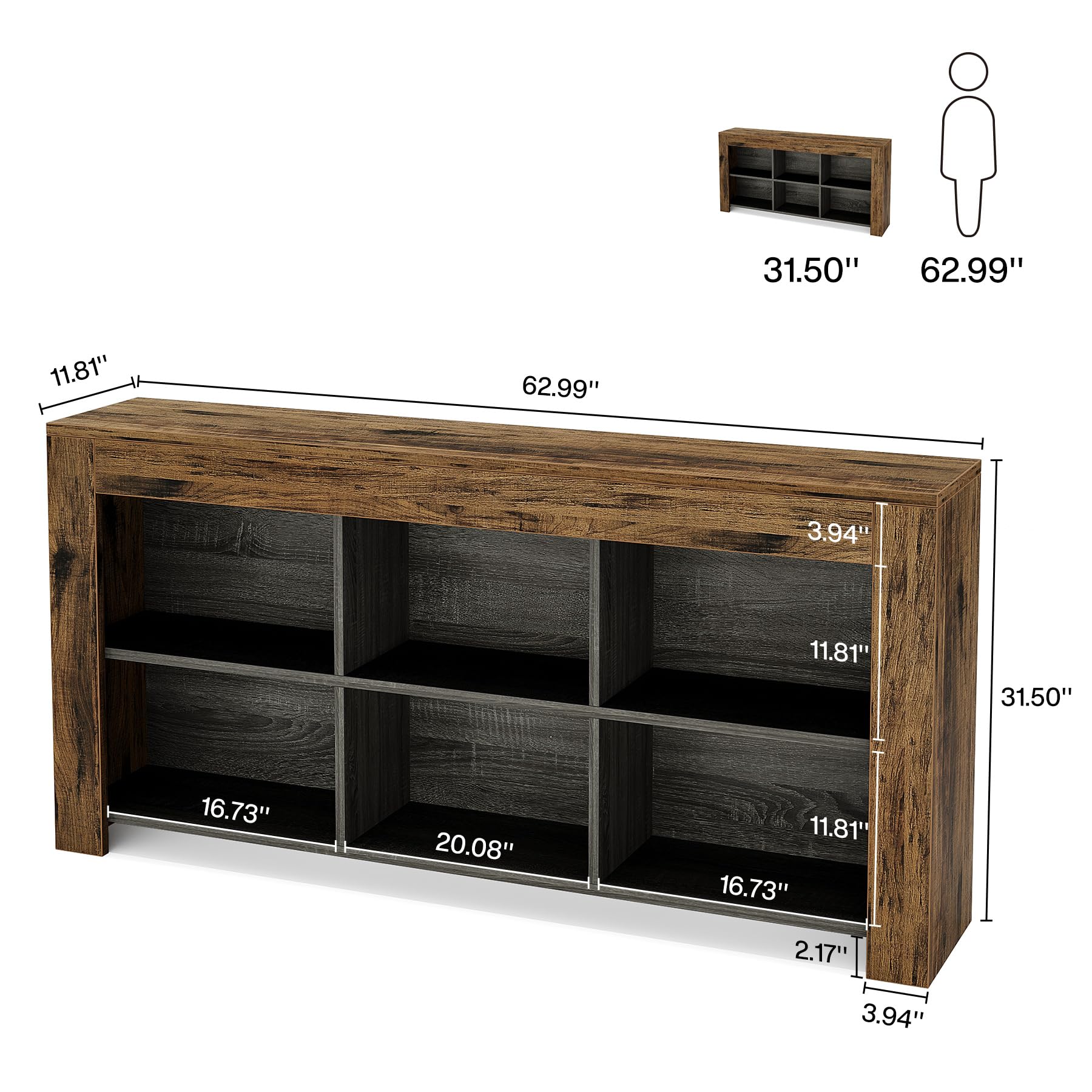 Tribesigns 63-Inch Long Console Table, Rustic Wood Entryway Table with 6 Storage Cubes, Industrial Narrow Sofa Table Behind Couch Table for Living Room, Hallway - WoodArtSupply