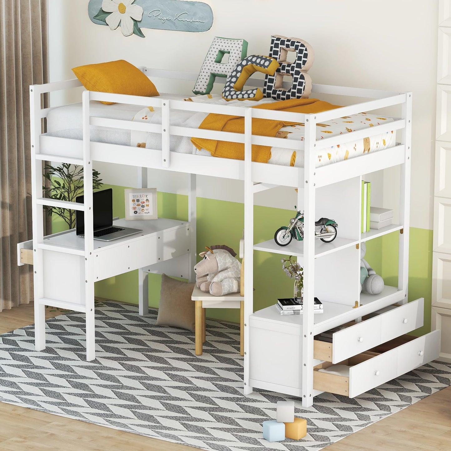 Twin Size Loft Bed with Storage Cabinet and Desk, Wooden Twin Loft Beds Frame with Bookcase and Shelves, Modern Twin Loft Bunk Bed for Kids Teens Adults Boys & Girls (Twin Size, White)