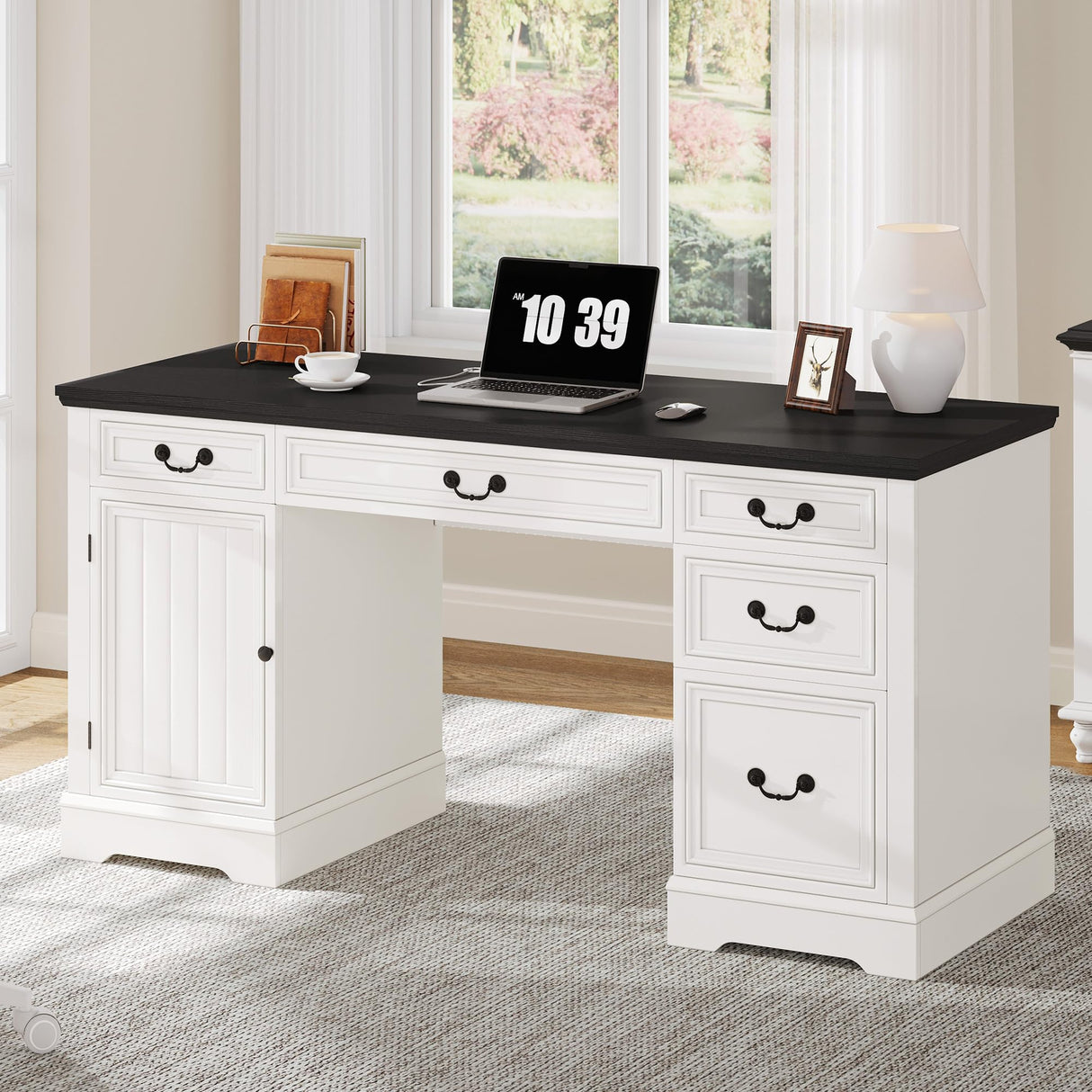 YITAHOME Executive Desk with Power Outlets, 59" Farmhouse Computer Desk with Drawers, Wood Office Desk with Storage Cabinet, Keyboard Tray, Workstation for Home Office, Black & Off White YITAHOME