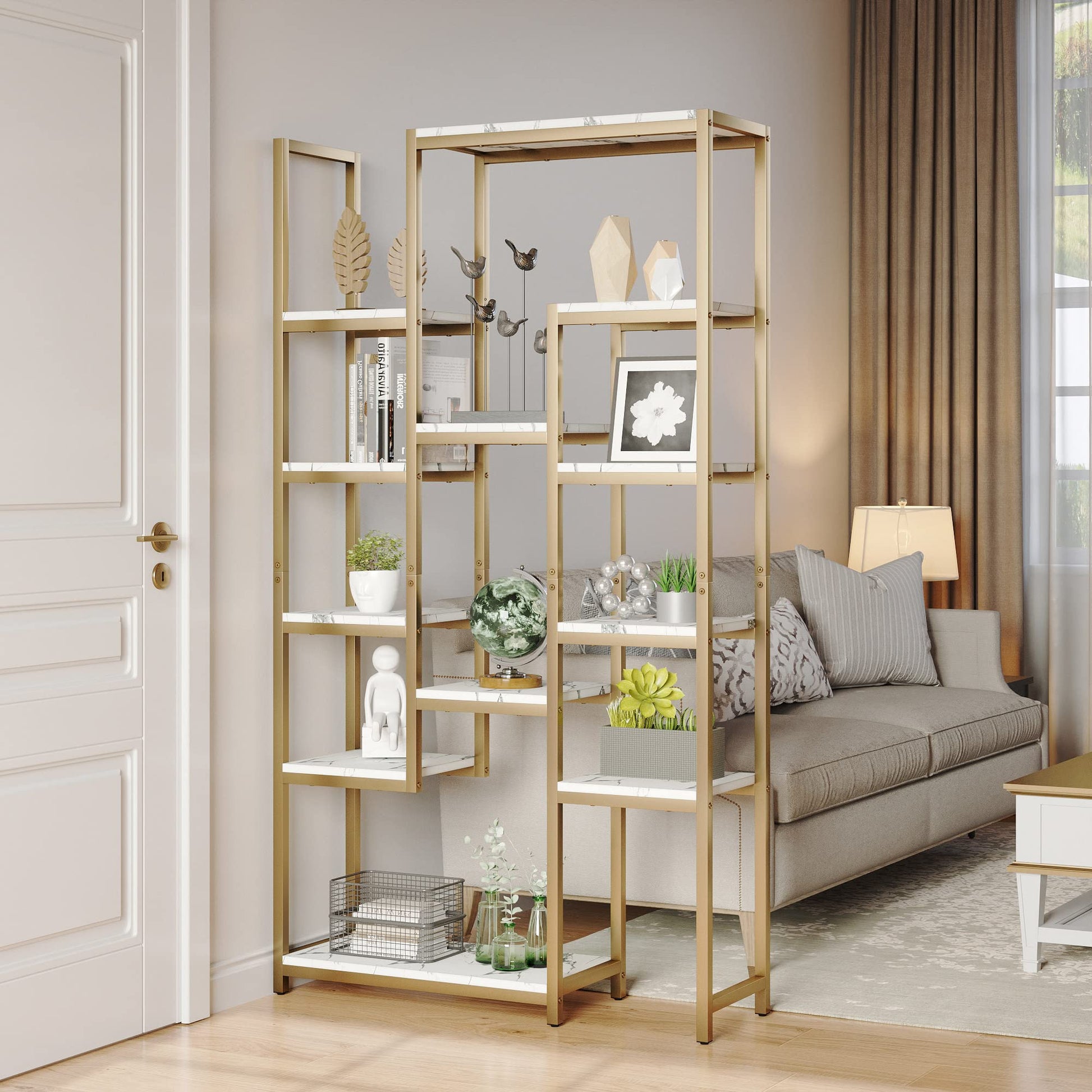 YITAHOME 6-Tier Gold & Marble Bookshelf - 71” Tall Free Standing Bookcase with 12 Open Storage Areas for Living Room, Bedroom & Office - WoodArtSupply