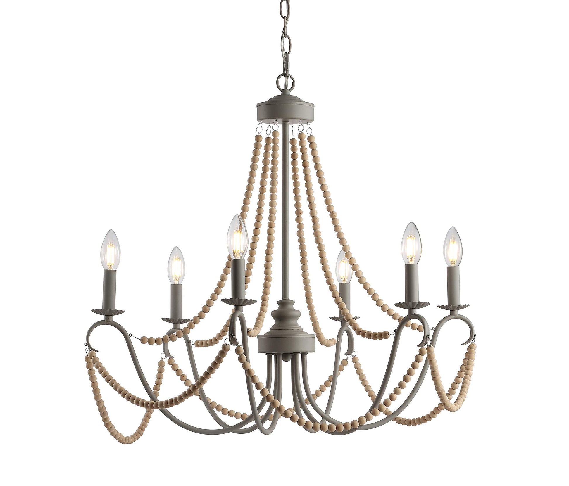 JONATHAN Y JYL9060A Rustica 6-Light 27" Adjustable Greige Metal/Wood Bead LED Chandelier Classic,FrenchCountry,Glam,Transitional Dimmable, for Dining Room, Foyer, Bedroom, Grey/Natural - WoodArtSupply