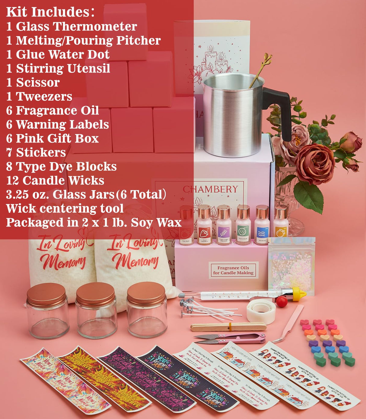 DIY Candle Making Kit for Adults, Kids, Teens and Beginners - 2Lb Soy Wax, 6 Scents, 8 Type Dye Wax, 6 Glass Jars Melter, Thermometer, Spoon and More with Fun Stickers,Gifts For MOM,Friends,Lover CHAMBERY