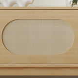 VOWNER Farmhouse Rattan TV Stand for 55/60/65 inch TV, Modern Entertainment Center with Natural Rattan Door and 2 Open Shelves, TV Console Table for Living Room, Wood Color VOWNER