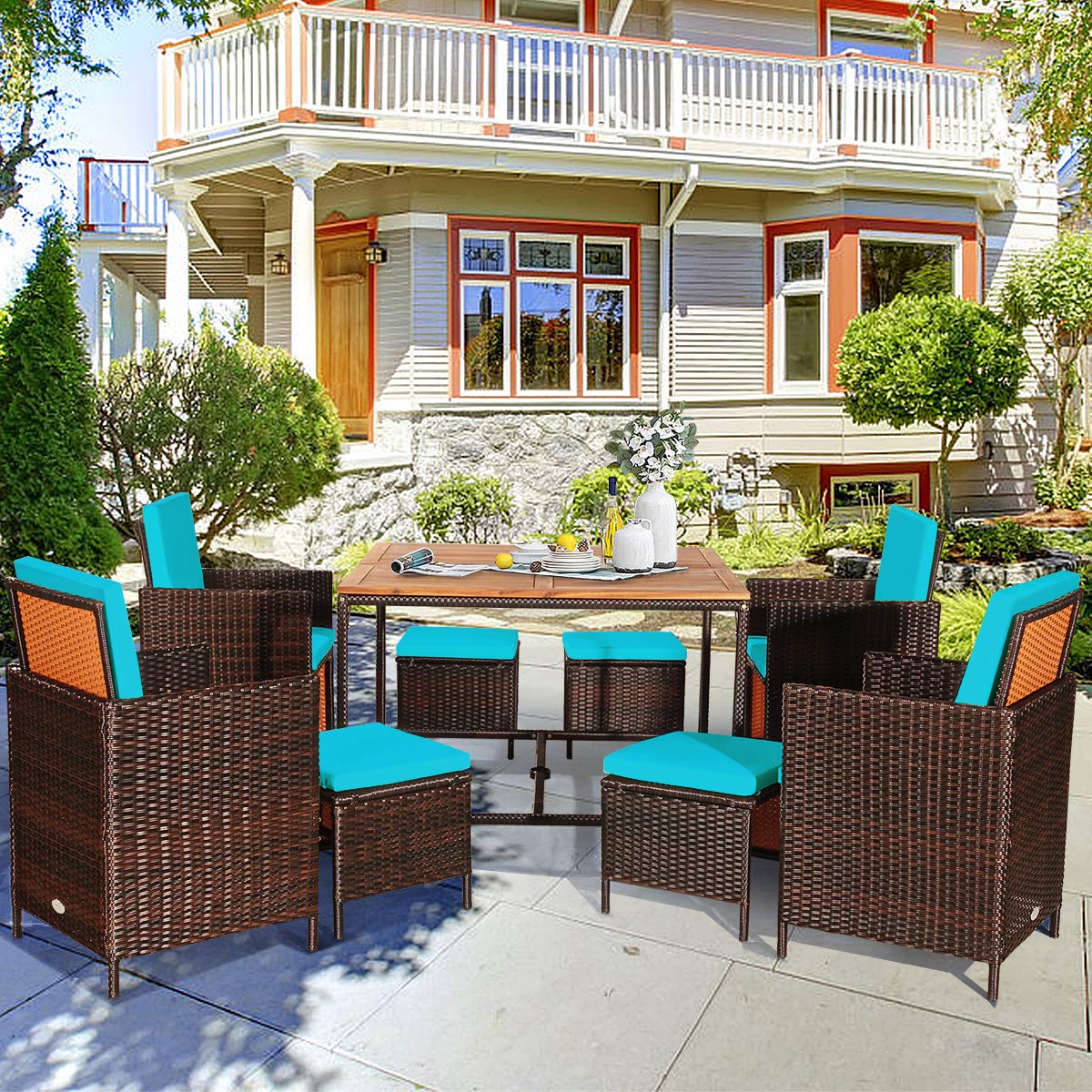 RELAX4LIFE 9-Piece Outdoor Dining Set - Patio Wicker Furniture Set w/Acacia Wood Tabletop, Soft Seat & Back Cushions, Dining Table & Chair Set for Backyard, Poolside (Turquoise) - WoodArtSupply