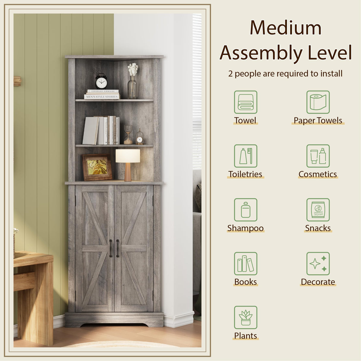 Smuxee Tall Corner Storage Cabinet, Farmhouse Corner Cabinet with Barn Door and Adjustable Shelf, Wash Grey Freestanding Cabinet Organizer for Bathroom, Kitchen, Living Room Smuxee