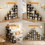 OSCHF Ladder Cube Storage Bookcase - Wooden L-Shaped 5-Tier Corner Shelf, Reversible 15-Cube Organizer for Home & Office, Black