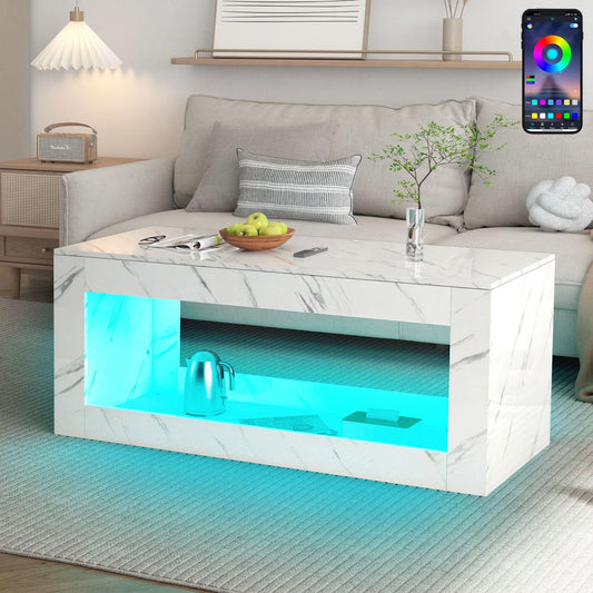 47.3IN Modern LED Coffee Table, Black/White Coffee Table for Living Room,High Gloss Coffee Table with APP Control, Large Coffee Table with Marbling Print(White)