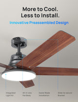 Dreo Ceiling Fans with Lights and Remote, 52 Inch, 6 Speeds, 5 Color Tones Dimmable LED, Quiet Reversible DC Motor, 8H Timer, Black Ceiling Fan for Bedroom, Living Room, Easy to Install Dreo