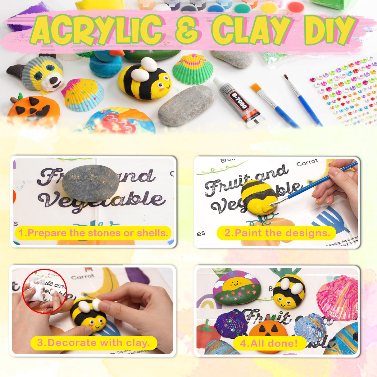 Kiditos Rockin' Rock & Shell Painting- Treasure Painting Kit,Arts and Crafts for Kids 4-12, Kids Painting Set, DIY Arts & Crafts Toys for Boys Girls Birthday Party Activities Gifts Kiditos