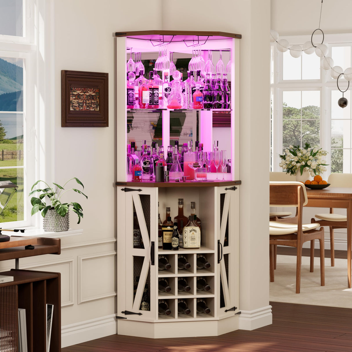 Royal Windsor Farmhouse Corner Bar Cabinet,Modern Wood Freestanding Wine Bar with Storage and Wine Holder, Tall Hutch Cabinet for Home, Display Bar Cabinet with LED Lights and Mirror, White Royal Windsor