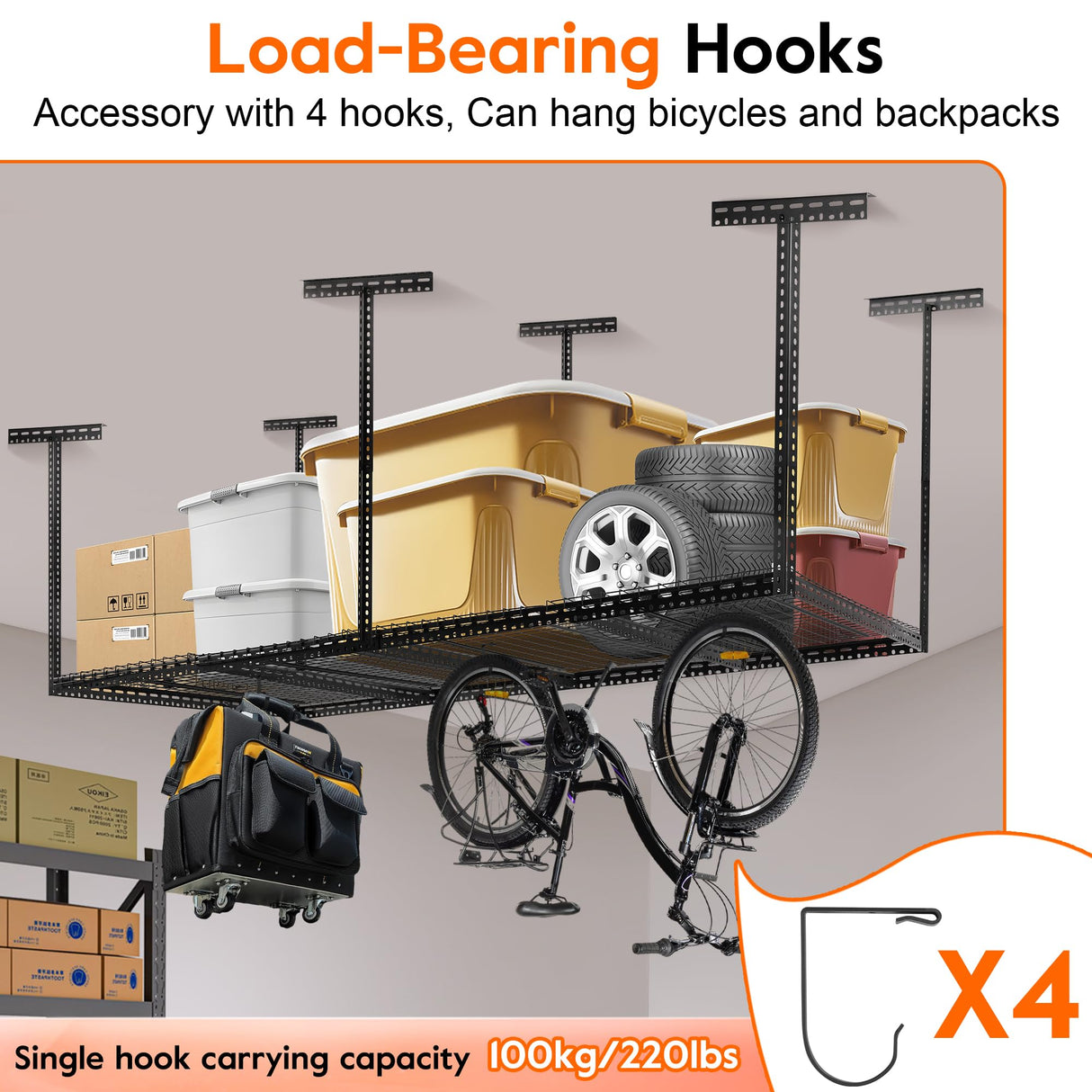 Rengue Overhead Garage Storage Rack, 4 x 8FT Height Adjustable Garage Ceiling Storage Racks, Heavy Duty Cold Rolled Steel Storage Rack for Garage, Warehouse with 4 Hooks Rengue