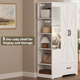 LIKIMIO Armoire Wardrobe Closet with Barn Doors and Drawers and Full Mirror and 5 Storage Shelves 70" Wooden Bedroom Wardrobe Combination for Hanging Clothes, White LIKIMIO