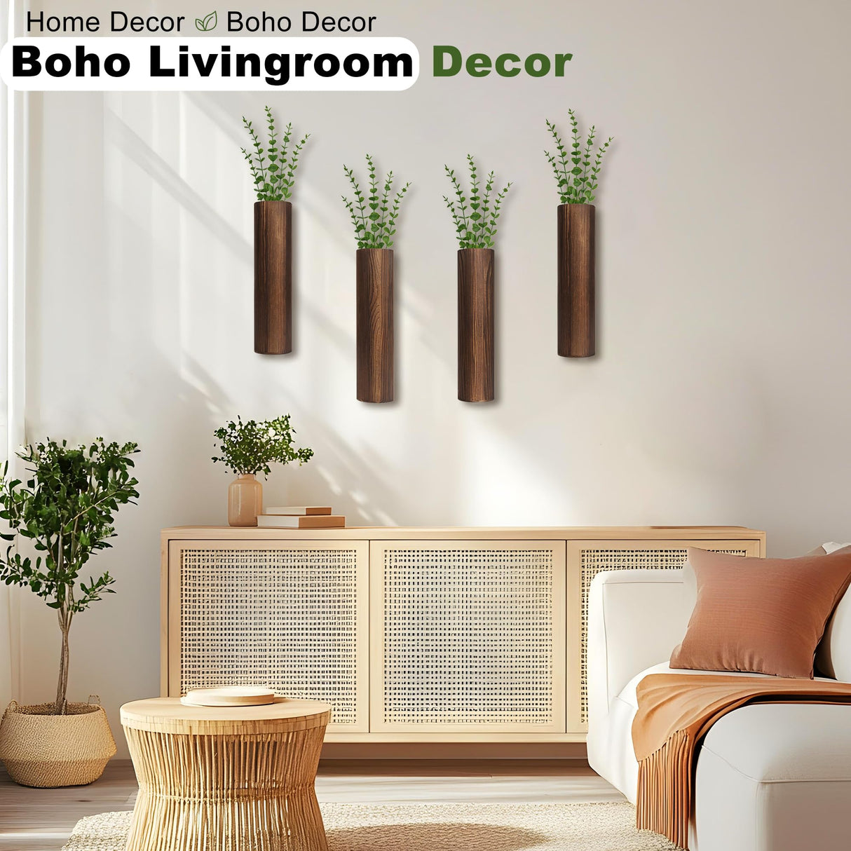 Fttoyoly 4 Pack Wood Wall Planter with Artificial Eucalyptus, Modern Wall Decor for Living Room Bedroom Bathroom Entryway, Farmhouse Boho Wall Vases for Dried Flowers and Faux Plants Fttoyoly