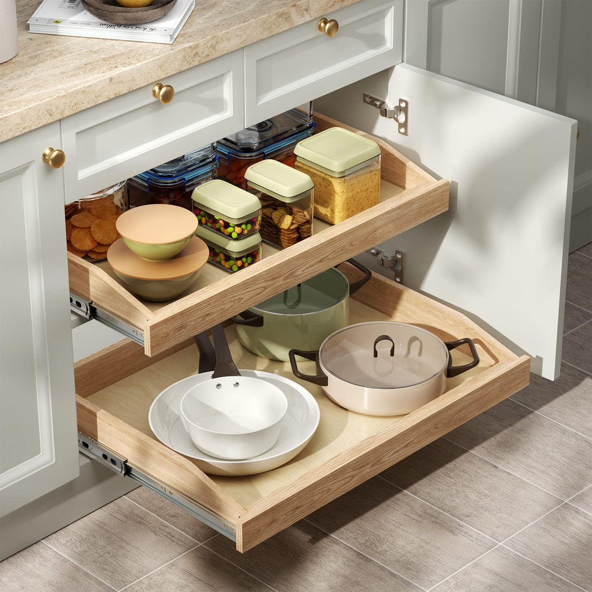 ROOMTEC Soft Close Pull Out Cabinet Organizer 22-1/2" W x 21" D Cabinet Organizer Wood Slide Out Shelves Cabinet Storage and Organizer for Kitchens and Pantry ROOMTEC