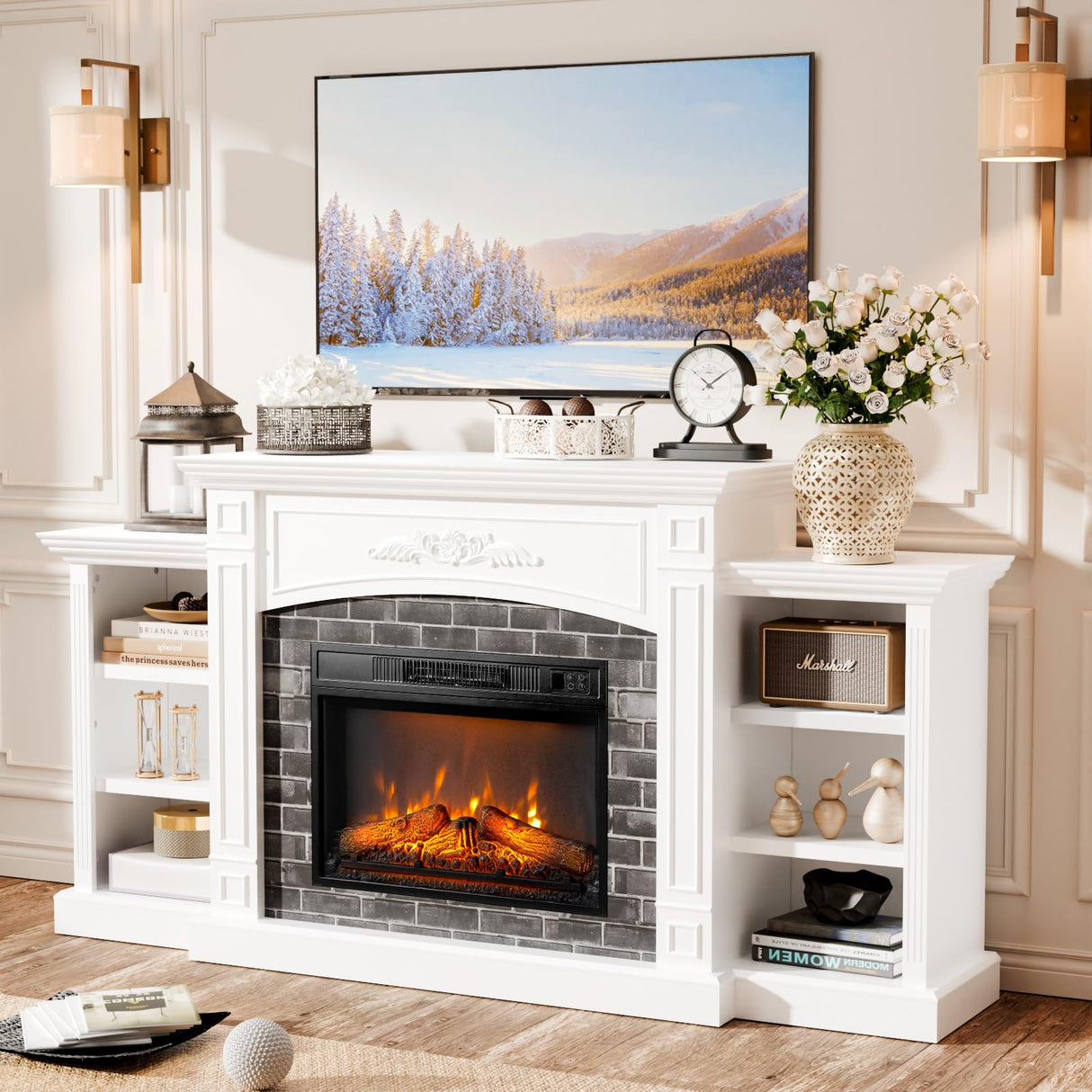 VINGLI 70'' Electric Fireplace with Mantel, Fireplace TV Stand for TVs Up to 90'', Media Entertainment Center Console Table with Storage ＆ Adjustable Shelves for Living Room and Bedroom, Shined White VINGLI