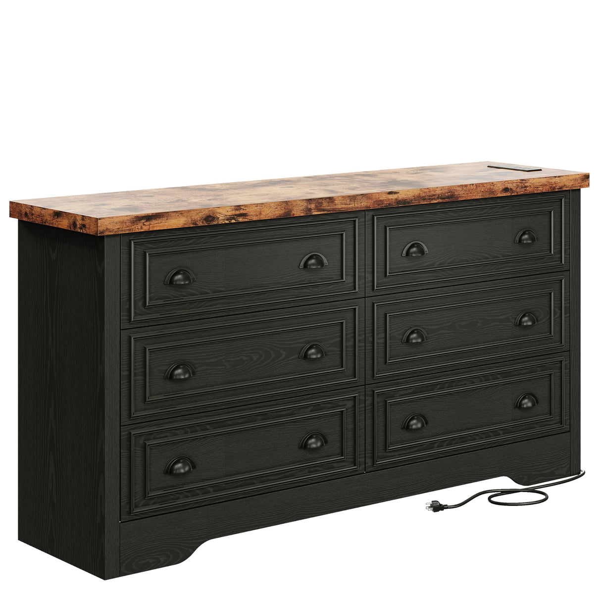 LIKIMIO 59" 6 Drawers Dresser for Bedroom, Power Strip, Farmhouse Large Wood Dressers & Chest of Drawers with Wide Storage Cabinet, Rustic Brown & Black LIKIMIO