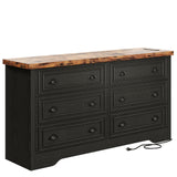 LIKIMIO 59" 6 Drawers Dresser for Bedroom, Power Strip, Farmhouse Large Wood Dressers & Chest of Drawers with Wide Storage Cabinet, Rustic Brown & Black LIKIMIO