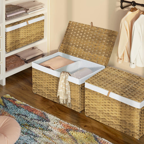 GREENSTELL Storage Basket with Lid, Handwoven Blanket Storage Basket with Cotton Liner and Metal Frame, Foldable & Easy to Install, Shelf Basket with Handle for Bedroom, Laundry Room Natural 105L GREENSTELL