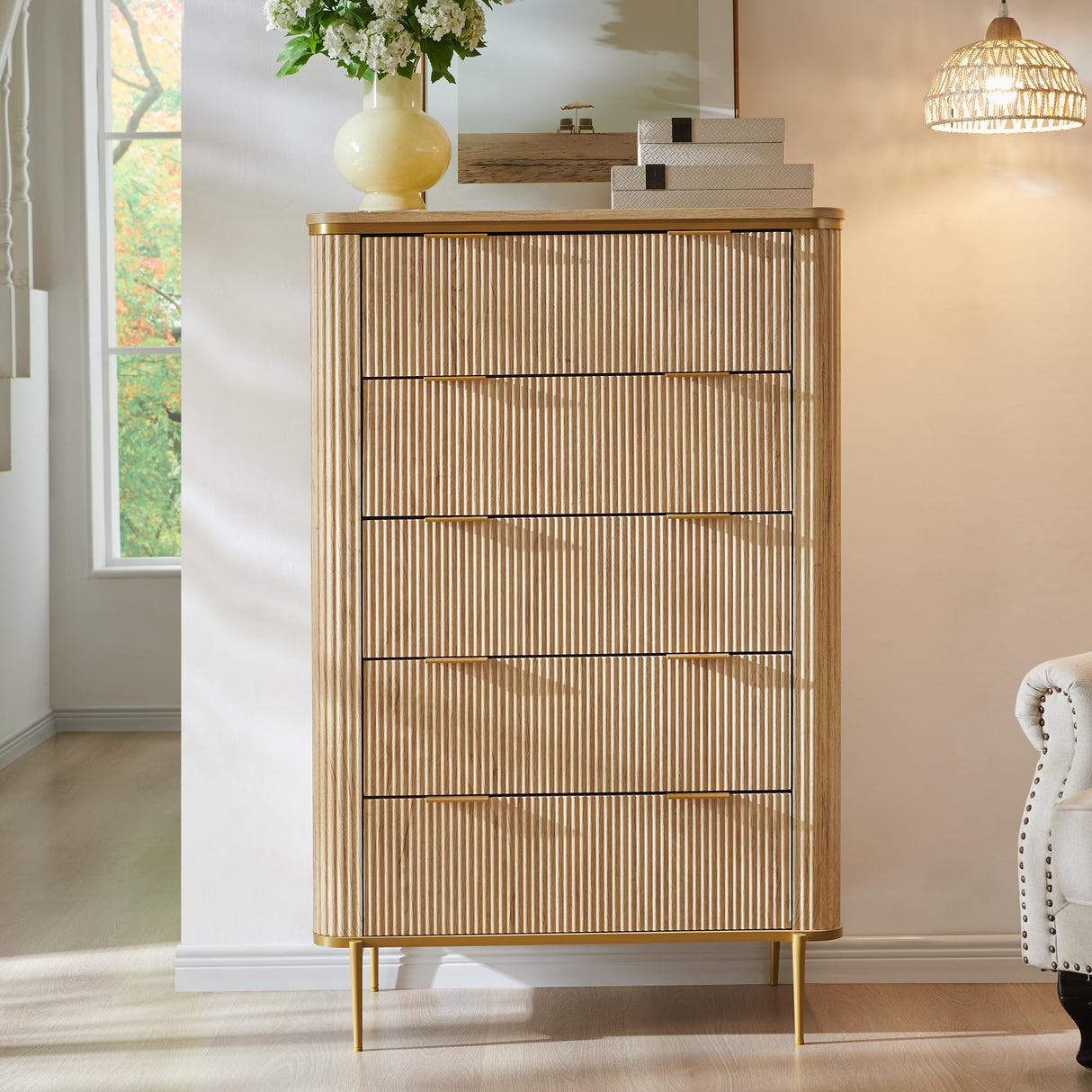 T4TREAM Fluted 5 Drawers Dresser for Bedroom, 48" Tall Modern Dresser Chest of Drawers, Gold Accents, Fluted Fronts, Wood Storage Dressers Organizer for Bedroom, Living Room, Natural Oak T4TREAM