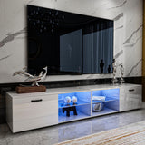 DMAITH LED TV Stand for 70 75 Inch TVs, High Gloss Entertainment Center with Blue LED Lighting, Dual Cabinets & 4 Open Shelves, Soft Close Hinged Doors with Handles for Living Room & Bedroom, White DMAITH