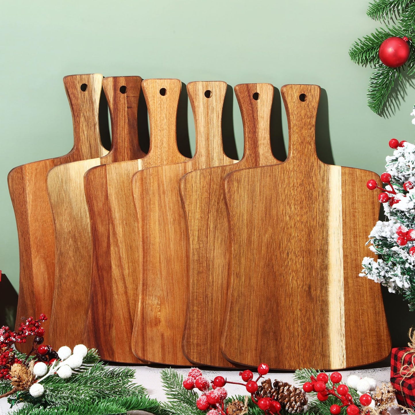 Layhit 6 Pack Thick Acacia Wood Cutting Board Wooden Serving Board Double Sided Serving Wood with Handle Chopping Boards for Kitchen Meat Charcuterie Cheese Bread Vegetables Fruits, 14 x 8.7 Inch