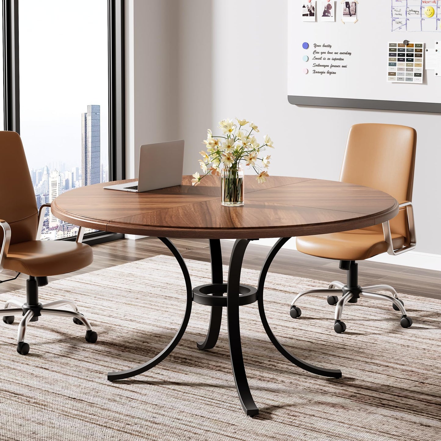 Tribesigns Round Conference Table, 47" Small Meeting Table with Wooden Texture Surface, Circle Business Seminar Table, Breakroom Table, Reception Negotiation for Office (Brown) - WoodArtSupply