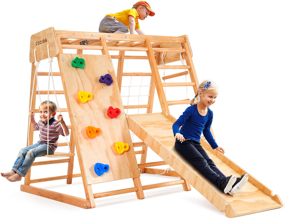 CoziBB Indoor Jungle Gym for Kids, 7-in-1 Toddler Indoor Playground with Slide, Swing and Climbing Rock, Wooden Montessori Climbing Toys for Toddlers, Jungle Gym Indoor Playset for Kids 1-10 Years CoziBB