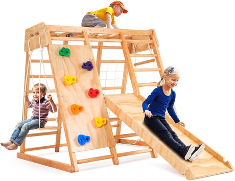 CoziBB Indoor Jungle Gym for Kids, 7-in-1 Toddler Indoor Playground with Slide, Swing and Climbing Rock, Wooden Montessori Climbing Toys for Toddlers, Jungle Gym Indoor Playset for Kids 1-10 Years CoziBB