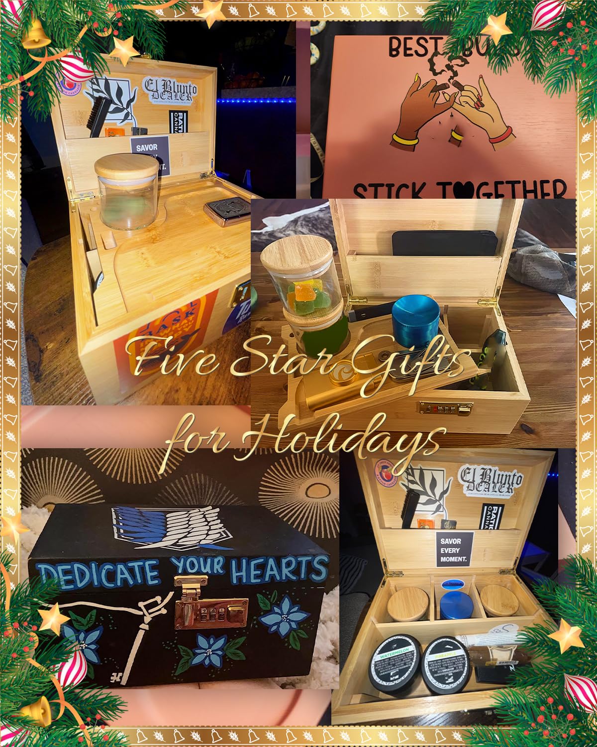 OZCHIN Large Bamboo Box with Combination Lock Decorative box for Home Great Gift Choice Stash Storage Lockbox with Storage Jar, Tray, Resealable Bags and More (Brown) OZCHIN