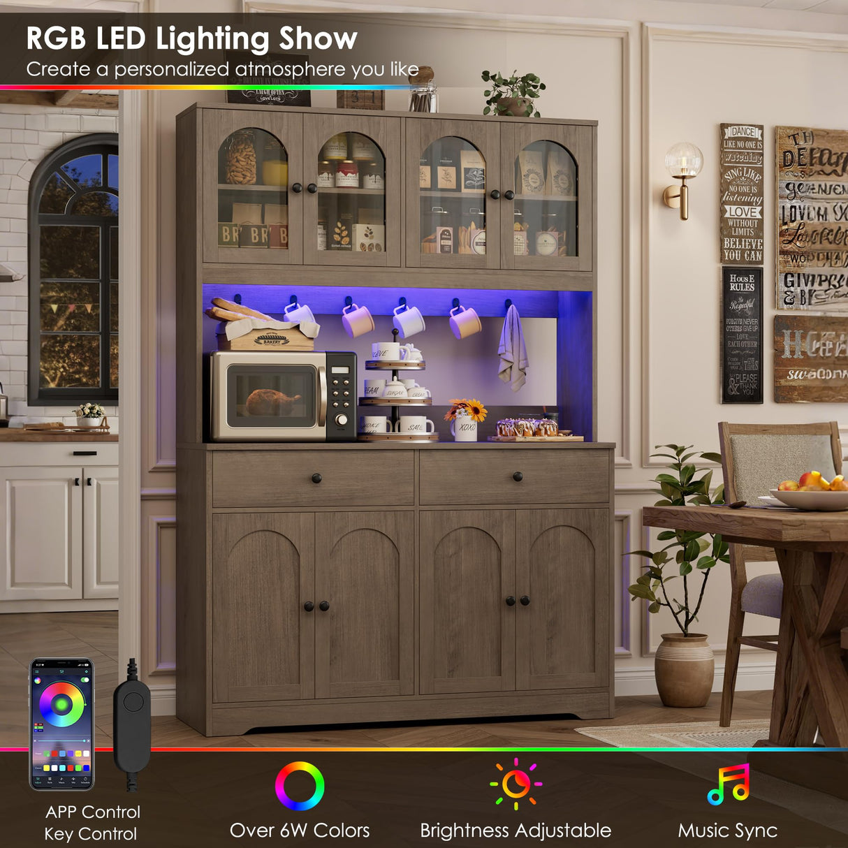 HIFIT 71" LED Kitchen Pantry Cabinet with Power Outlet, Large Kitchen Hutch Storage Cabinet with Arched Door, Shelves, 2 Drawer, Tall Farmhouse Coffee Bar w/Hutch for Home Dining Living Room, Ash Grey HIFIT