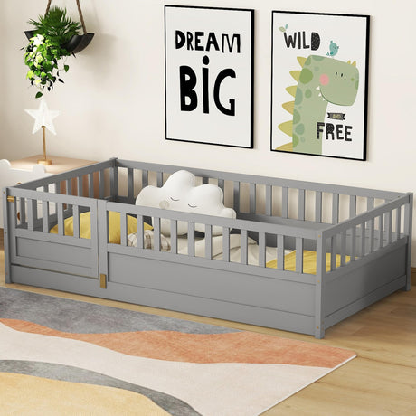 Twin Size Floor Bed with High Fence and Door, Montessori Floor Bed Twin Size, Twin Size Montessori Bed for Kids, Girls, Boys, Twin Floor Bed Without Slats(Gray Floor Bed Twin Size) Bellemave