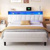 YITAHOME Full Size Bed Frame, LED Bed Frame with Storage Upholstered Velvet Headboard, Platform Bed with Outlet & USB Ports, No Box Spring Needed, Easy Assembly (Beige) YITAHOME