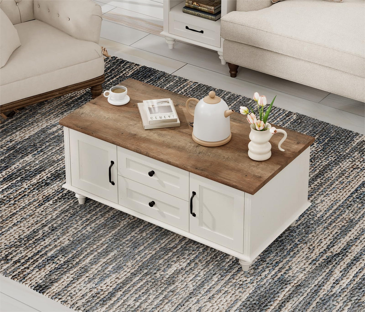 WAMPAT Modern Coffee Table with Storage Cabinet, White Coffee Tables for Living Room, Wood Rectangle Center Table with Drawer, Rustic Tea Table for Home, White WAMPAT