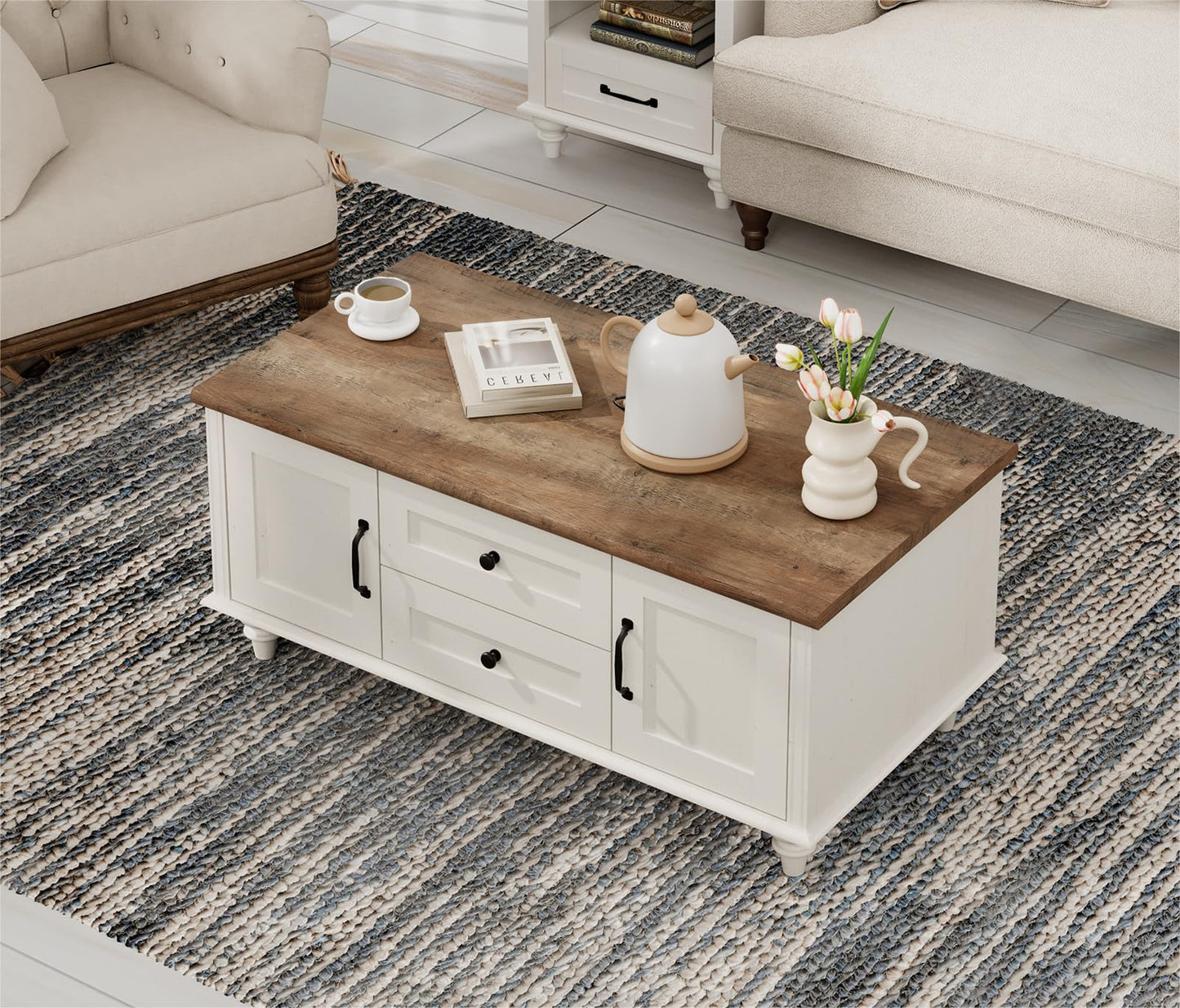 WAMPAT Modern Coffee Table with Storage Cabinet, White Coffee Tables for Living Room, Wood Rectangle Center Table with Drawer, Rustic Tea Table for Home, White