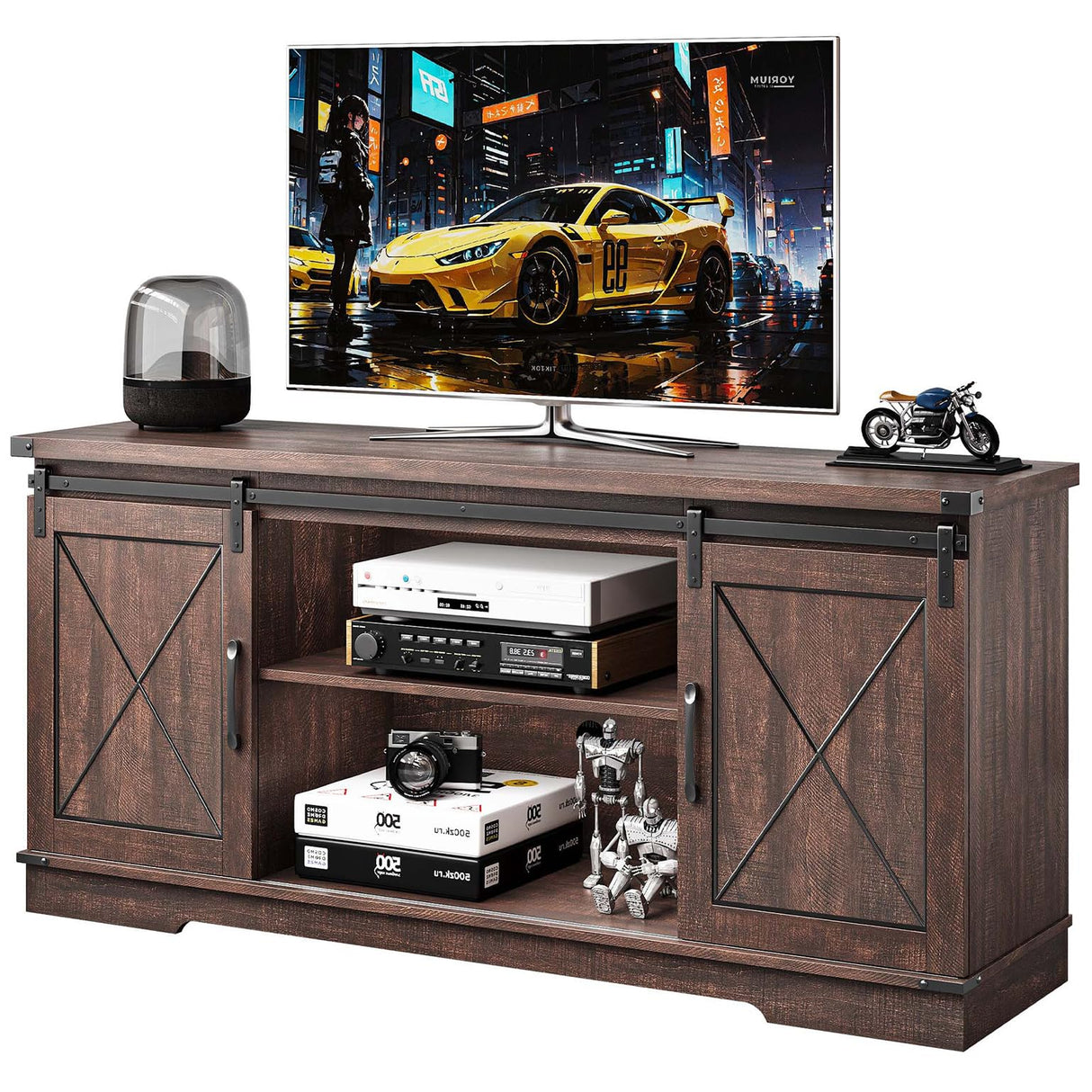 CABIHOME Farmhouse TV Stand and Entertainment Center for TV Up to 65 Inches with Sliding Barn Doors and Adjustable Shelf, TV Media Storage Console Table and Furniture for Living Room, Bedroom, Brown CABIHOME
