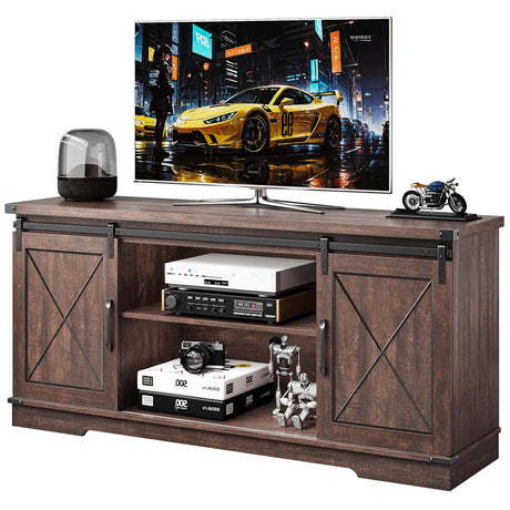 CABIHOME Farmhouse TV Stand and Entertainment Center for TV Up to 65 Inches with Sliding Barn Doors and Adjustable Shelf, TV Media Storage Console Table and Furniture for Living Room, Bedroom, Brown CABIHOME