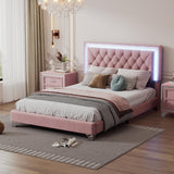 Merax Upholstered Platform Bed, Full Size LED Velvet Fabric Wooden Bed Frame with LED Lights & Tufted Headboard for Bedroom, Wood Slat Support, No Box Spring Needed, Easy Assembly (Pink) Merax