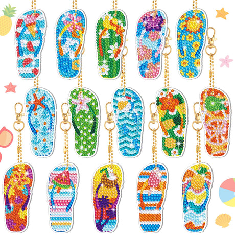 15 Pcs Flip Flop Diamond Painting Keychains Summer 5D Diamond Key Rings Full Drill Diamonds DIY Ornaments for Beginners Home Decor Summer Party Supplies (Summer Style) Estune