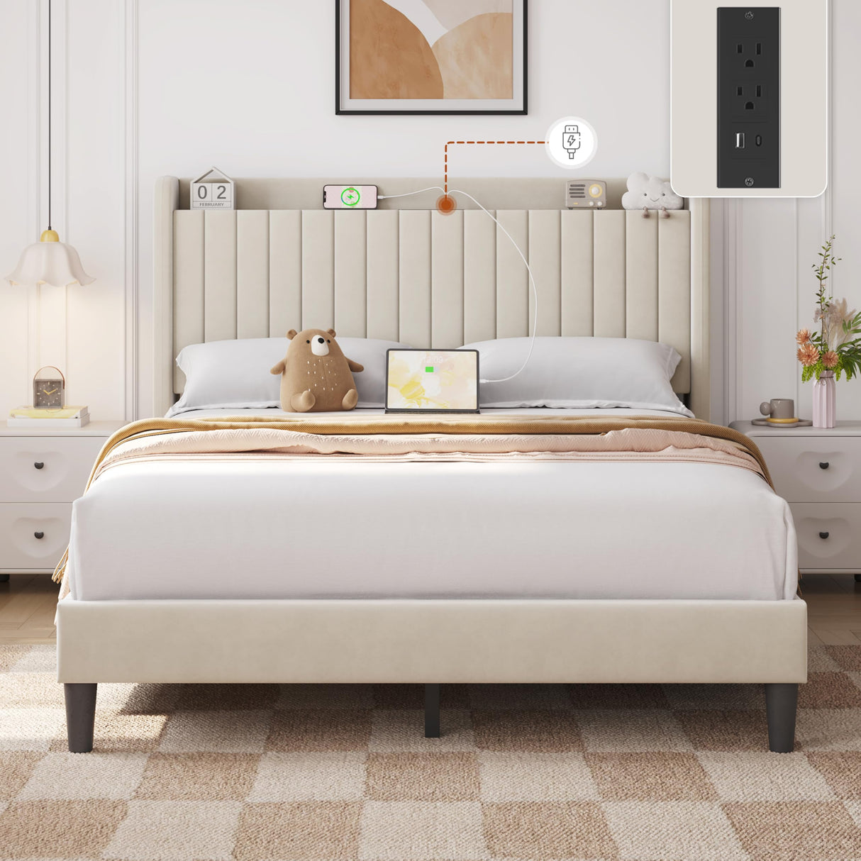 Yaheetech Queen Bed Frame with Headboard, Upholstered Headboard with Charing Station and Storage Shelf, Platform Bed Frame, No Box Spring Needed, Easy Assembly, Beige Yaheetech