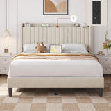 Yaheetech Queen Bed Frame with Headboard, Upholstered Headboard with Charing Station and Storage Shelf, Platform Bed Frame, No Box Spring Needed, Easy Assembly, Beige Yaheetech