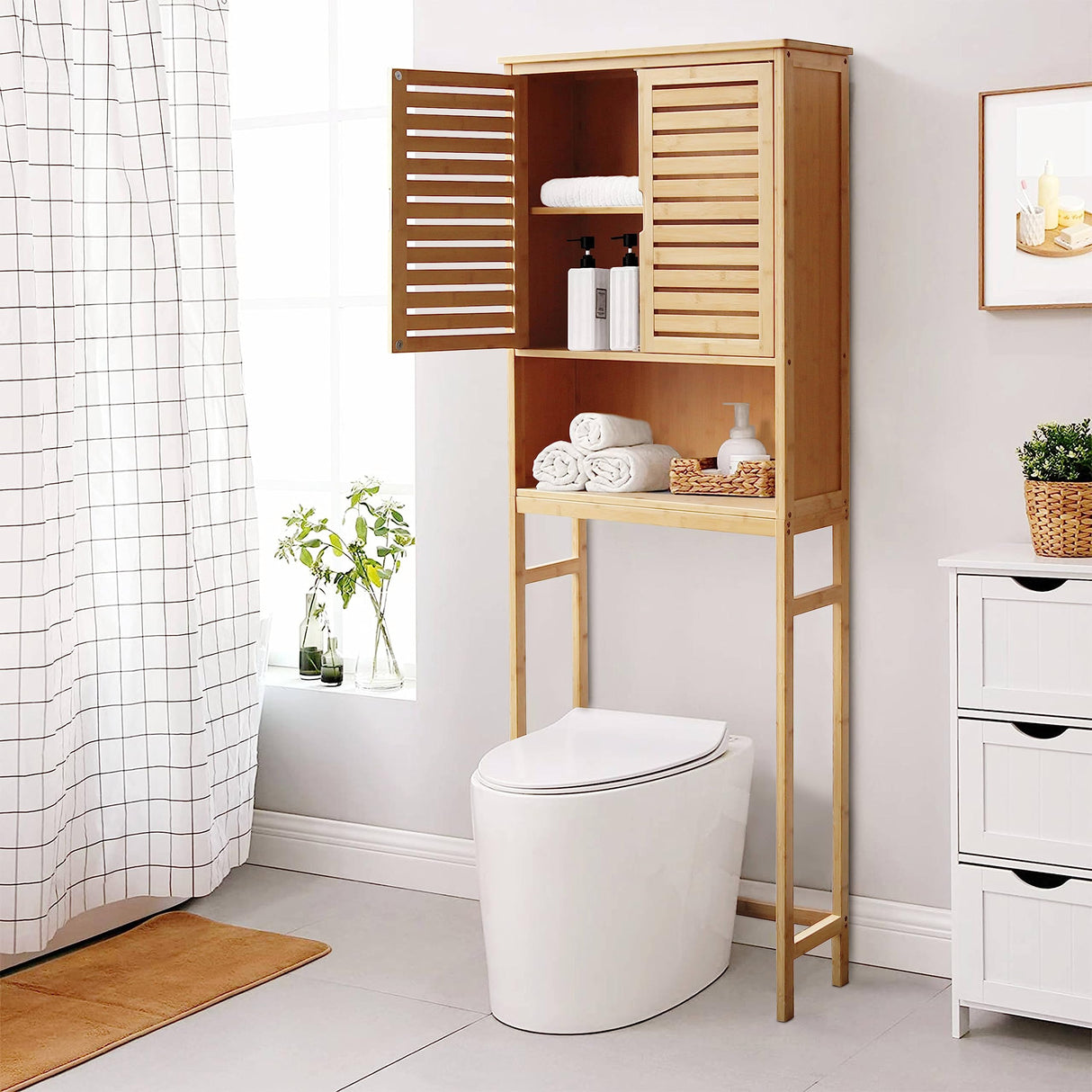 VEIKOUS Bamboo Over The Toilet Storage Cabinet, Bathroom Space Saver, Over The Toilet Rack with Adjustable Shelf, Natural Color VEIKOUS