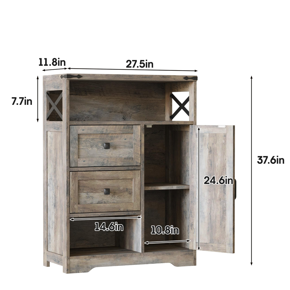 Fameill Farmhouse Storage Cabinet with 2 Drawers&Shelves,Freestanding Storage Cabinet with Doors&Open Storage,Floor Storage Cabinet for Living Room,Bathroom,Kitchen,Laundry,Grey Fameill